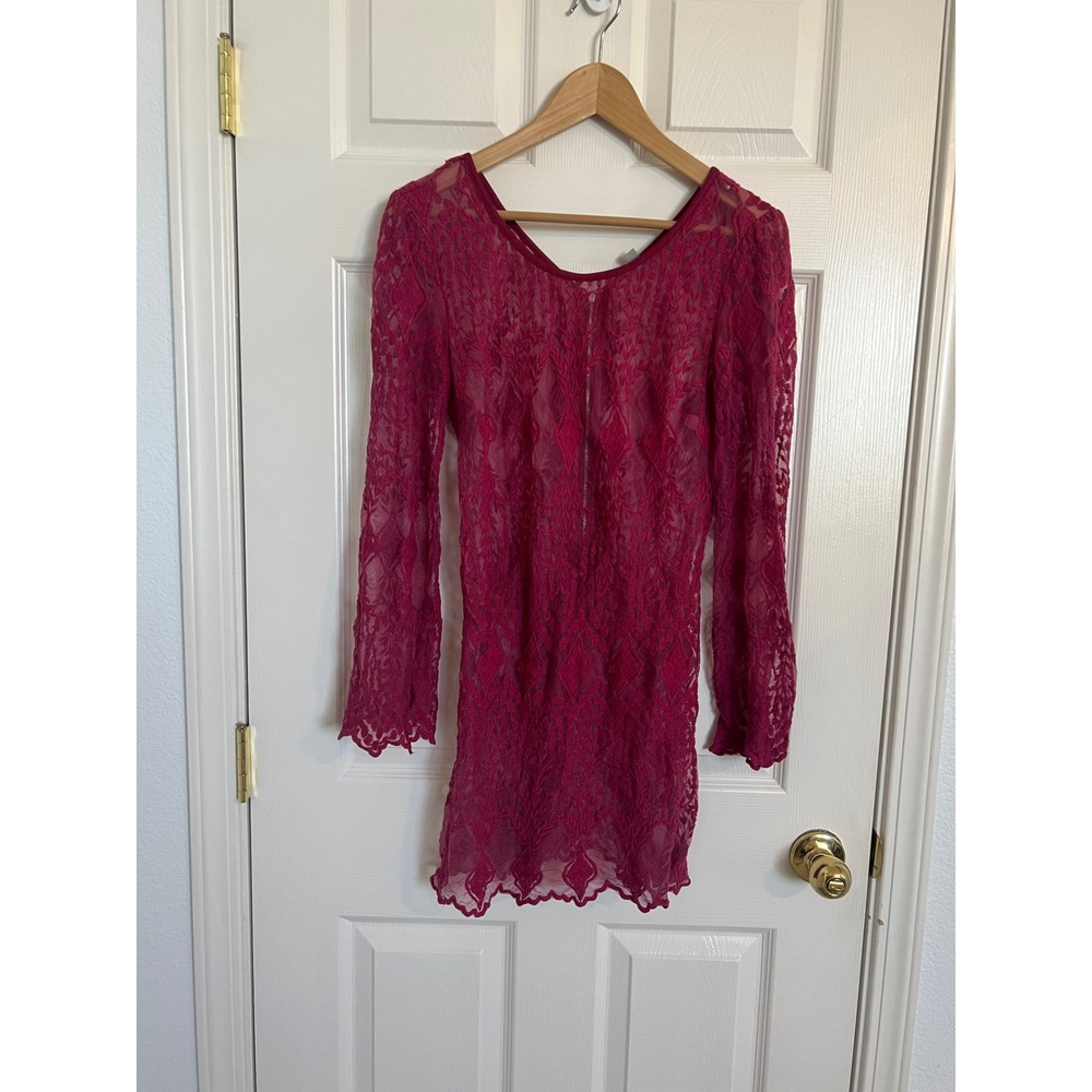 Y2K Boho Romantic Sheer Lace Mini Dress Ecote Medium Burgundy